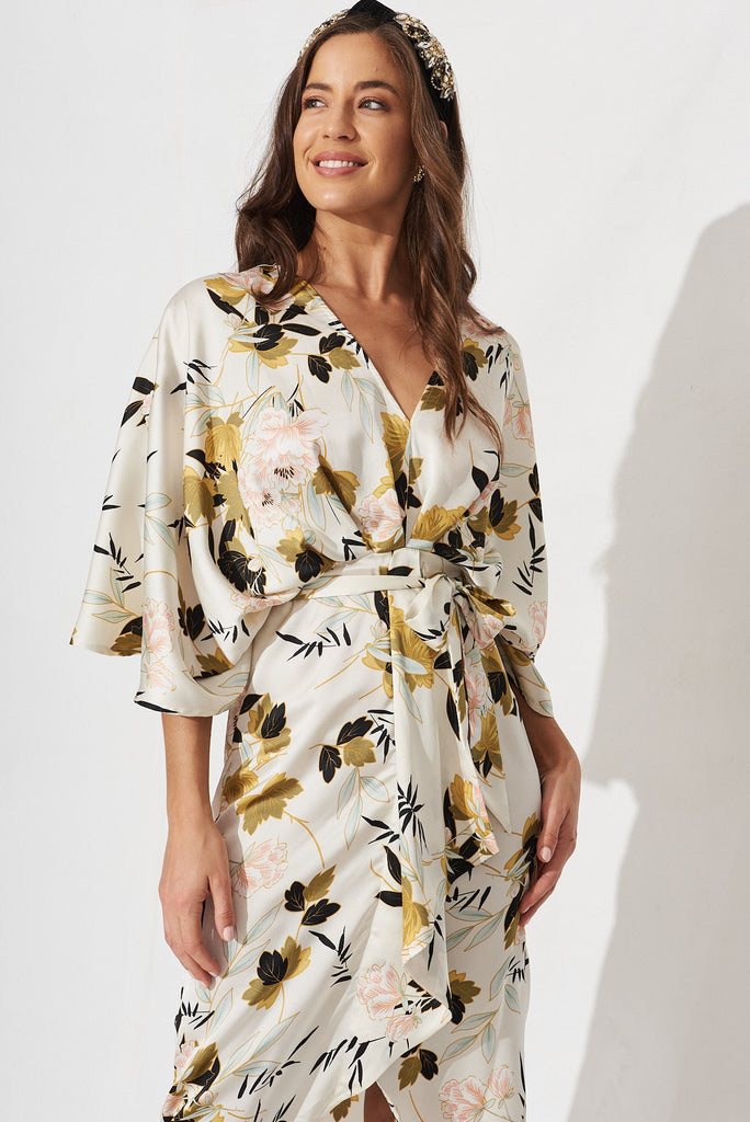 Joyful Midi Dress In White With Blush Floral Satin - front