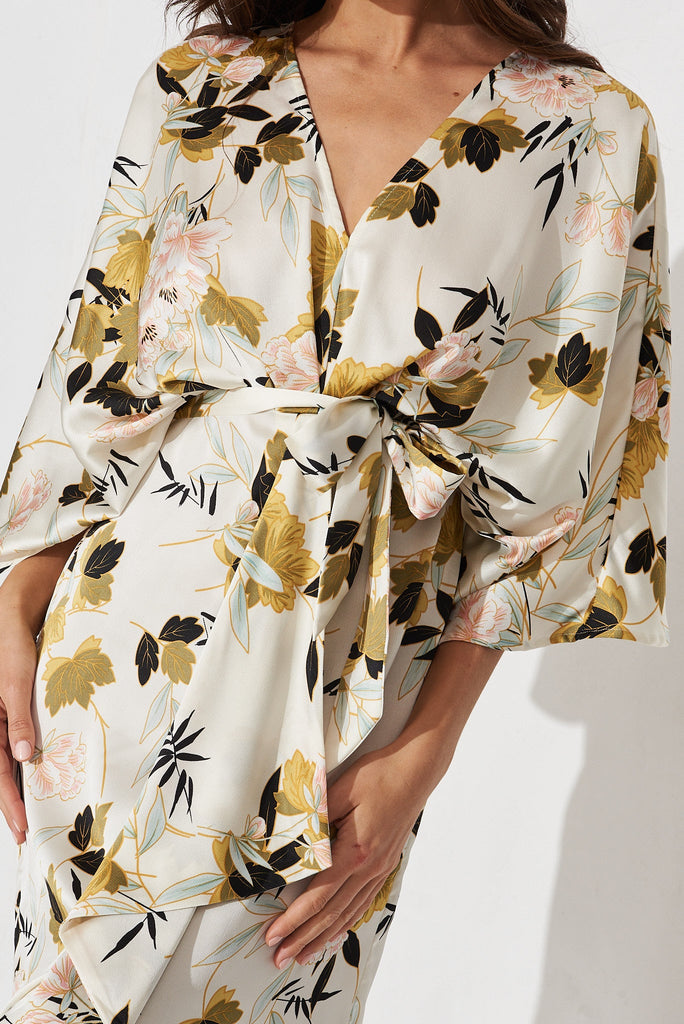 Joyful Midi Dress In White With Blush Floral Satin - detail