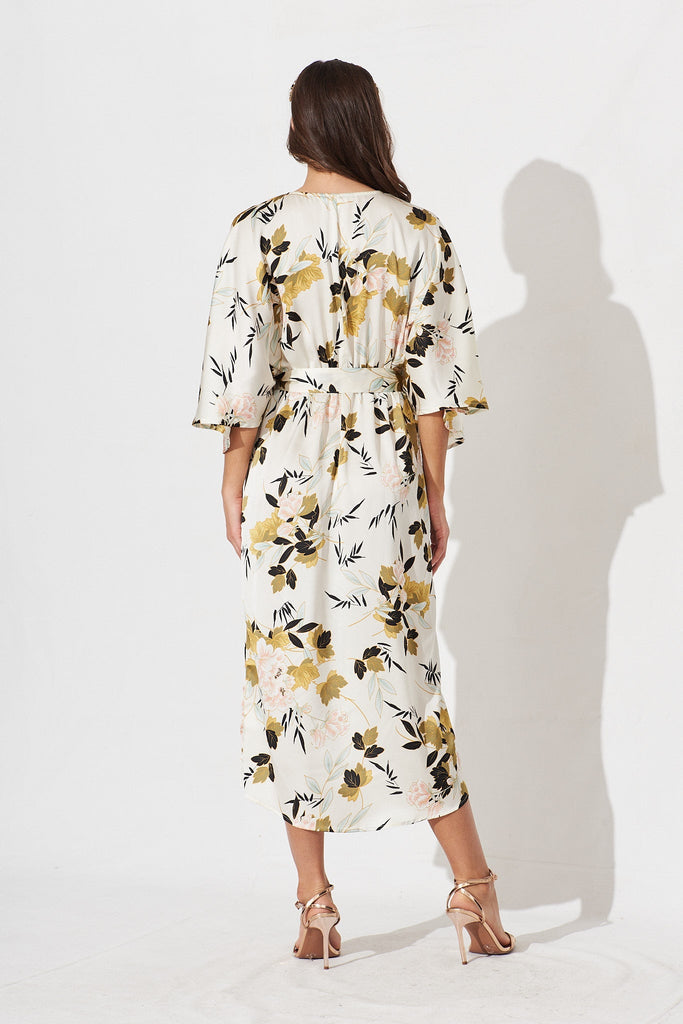 Joyful Midi Dress In White With Blush Floral Satin - back