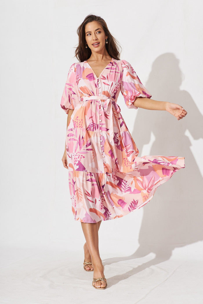 Koami Midi Dress In White With Blush Multi Tropical Floral Linen Blend - full length