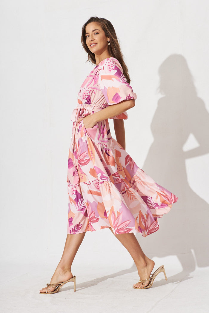 Koami Midi Dress In White With Blush Multi Tropical Floral Linen Blend - side