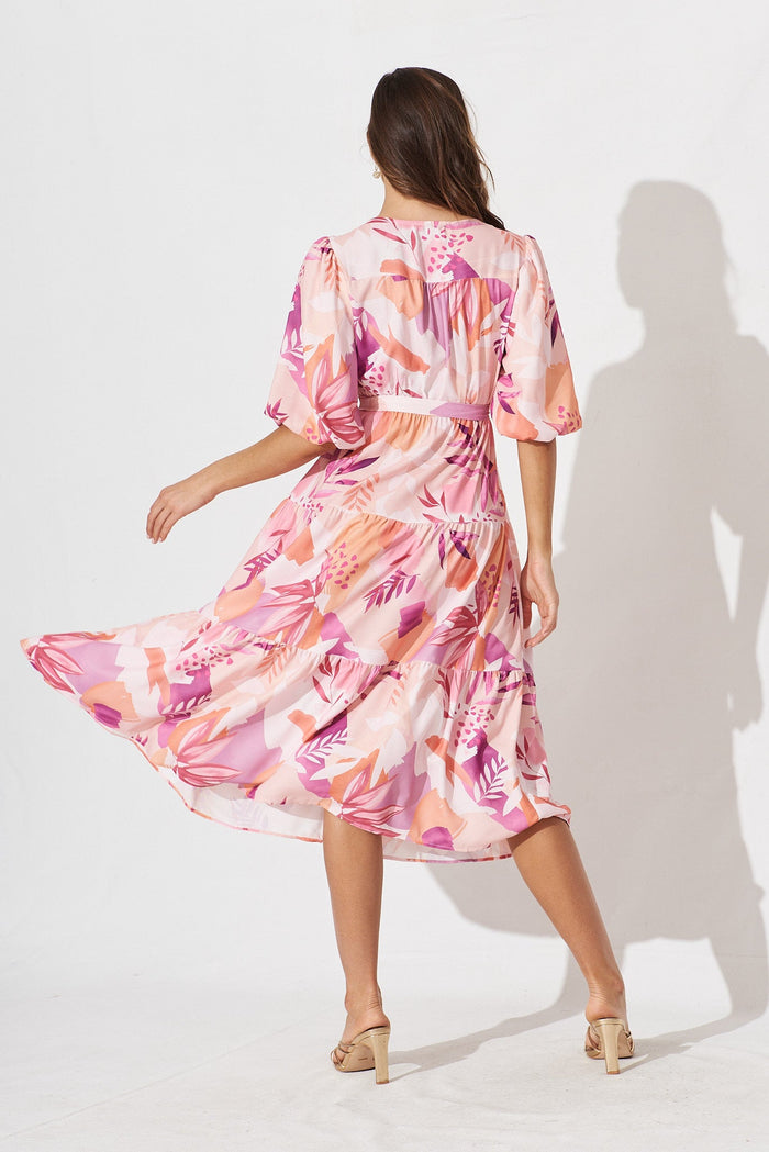 Koami Midi Dress In White With Blush Multi Tropical Floral Linen Blend - back