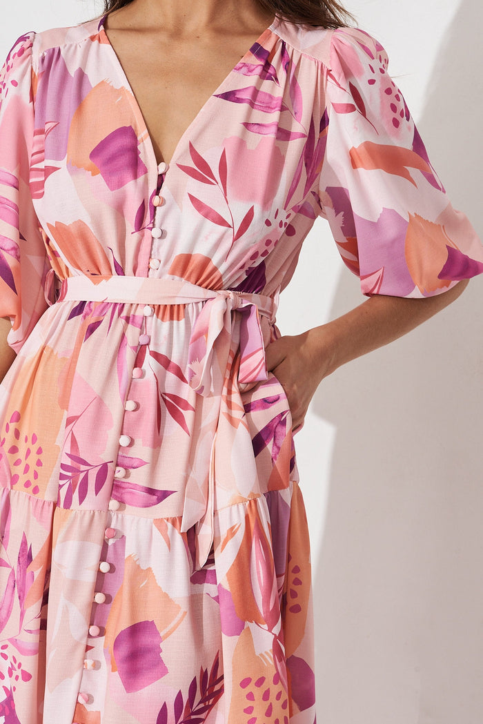 Koami Midi Dress In White With Blush Multi Tropical Floral Linen Blend - detail
