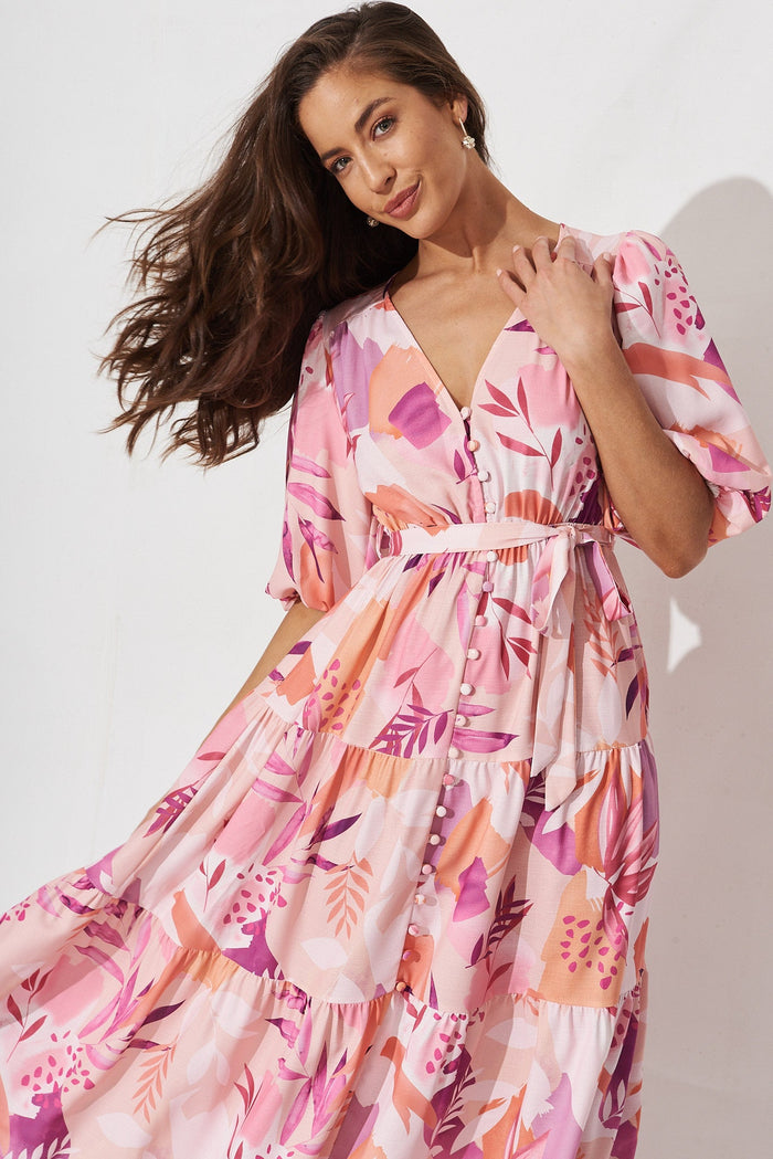 Koami Midi Dress In White With Blush Multi Tropical Floral Linen Blend - front