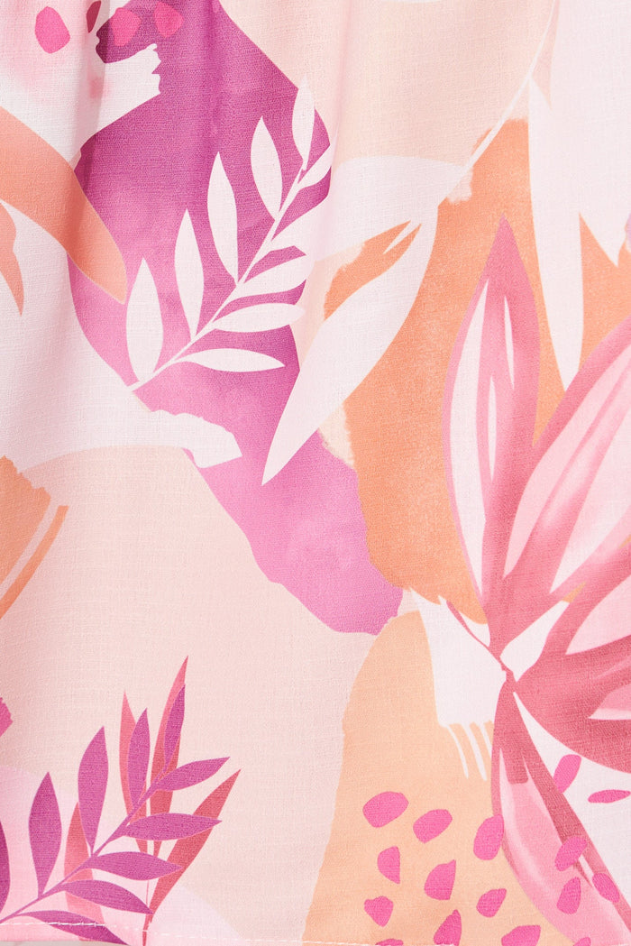 Koami Midi Dress In White With Blush Multi Tropical Floral Linen Blend - fabric