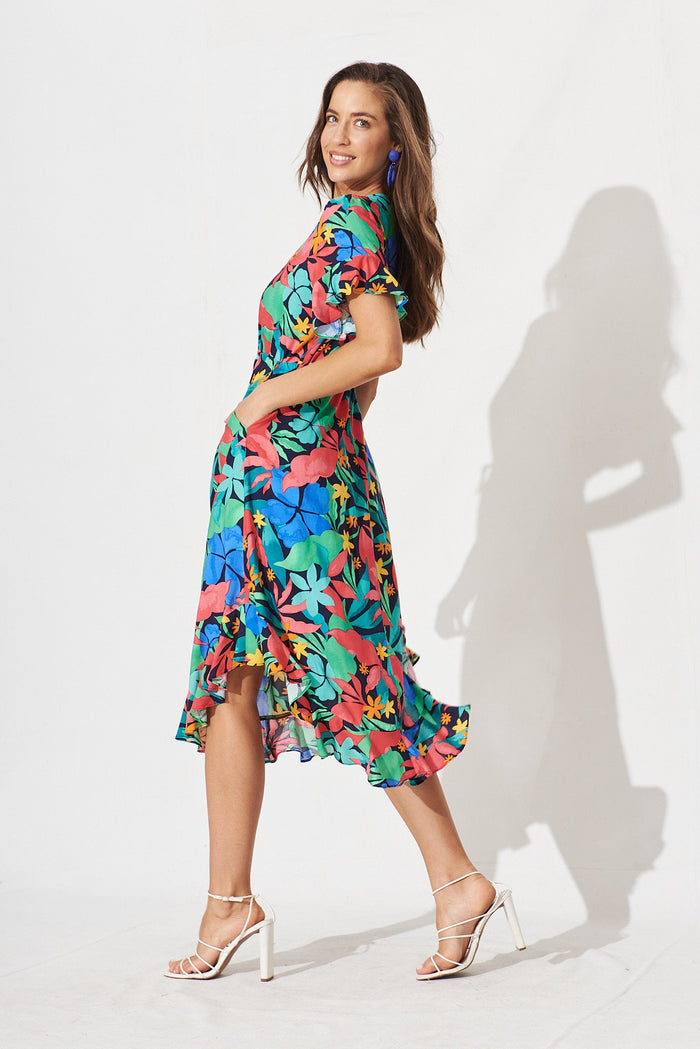 Silvie Midi Dress In Black With Tropical Multi Leaf - side