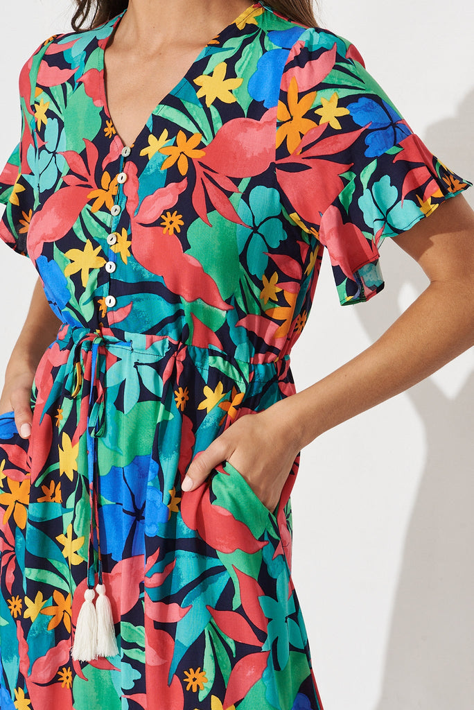 Silvie Midi Dress In Black With Tropical Multi Leaf - detail