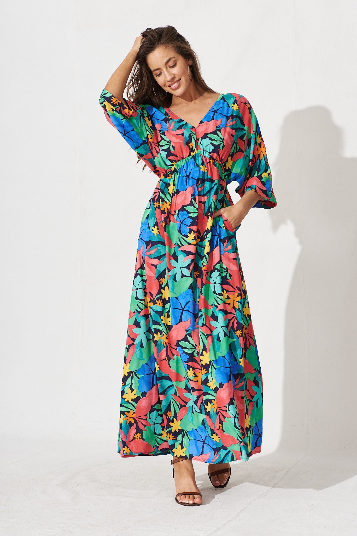 Kristyn Kimono Maxi Dress In Black With Tropical Multi Leaf - full length