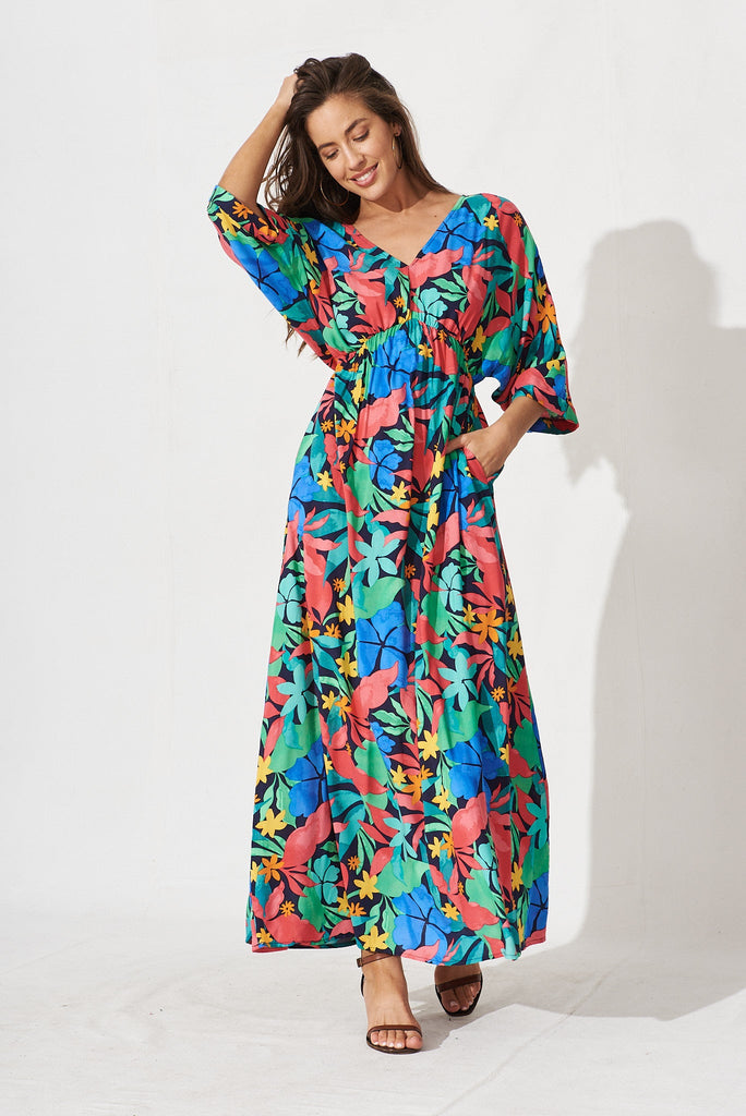 Kristyn Kimono Maxi Dress In Black With Tropical Multi Leaf - full length