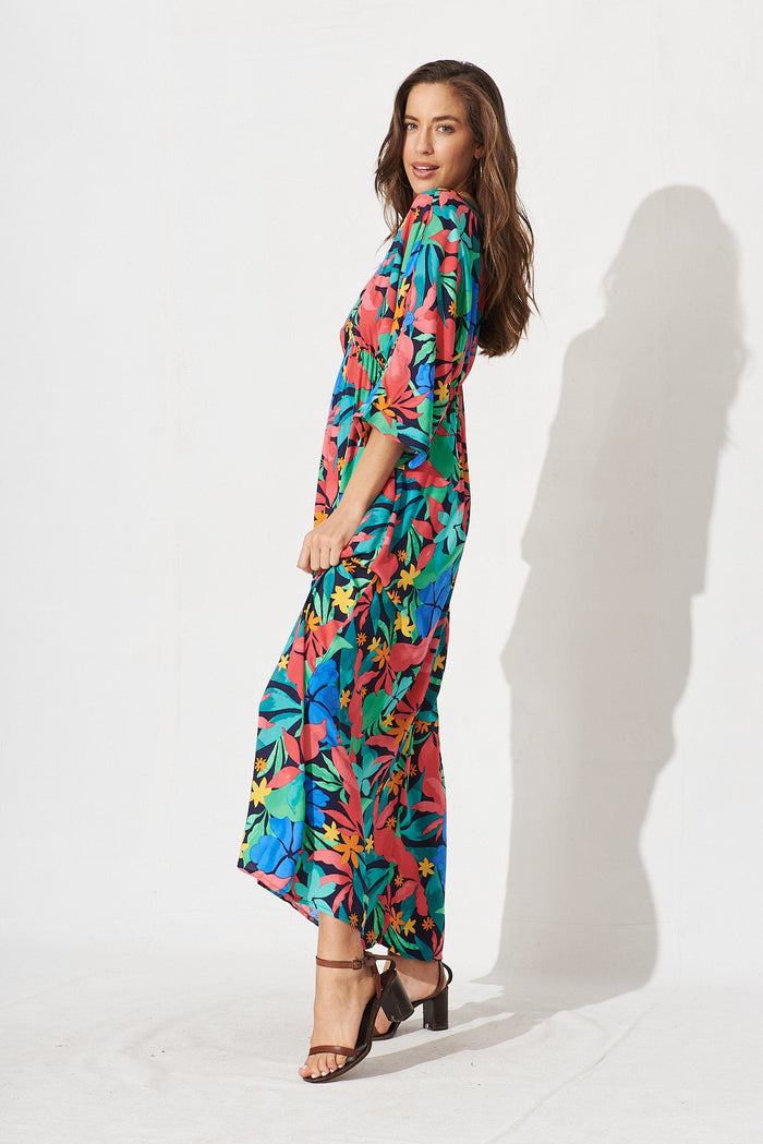 Kristyn Kimono Maxi Dress In Black With Tropical Multi Leaf - side