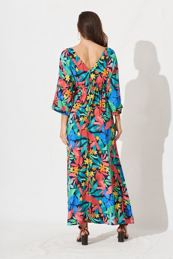 Kristyn Kimono Maxi Dress In Black With Tropical Multi Leaf - back