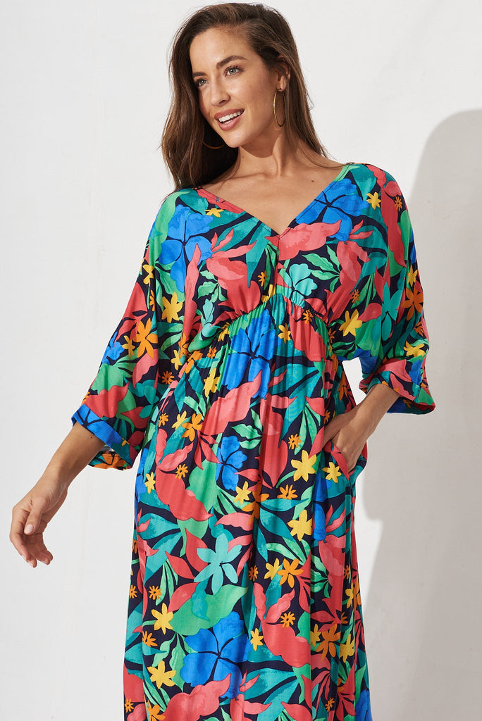 Kristyn Kimono Maxi Dress In Black With Tropical Multi Leaf - front
