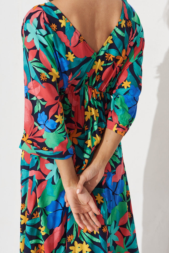 Kristyn Kimono Maxi Dress In Black With Tropical Multi Leaf - detail
