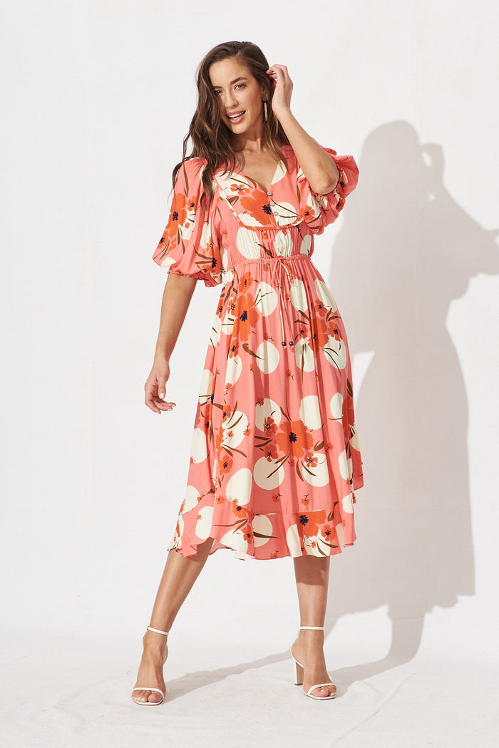 Banny Midi Dress In Coral With Cream Print - full length