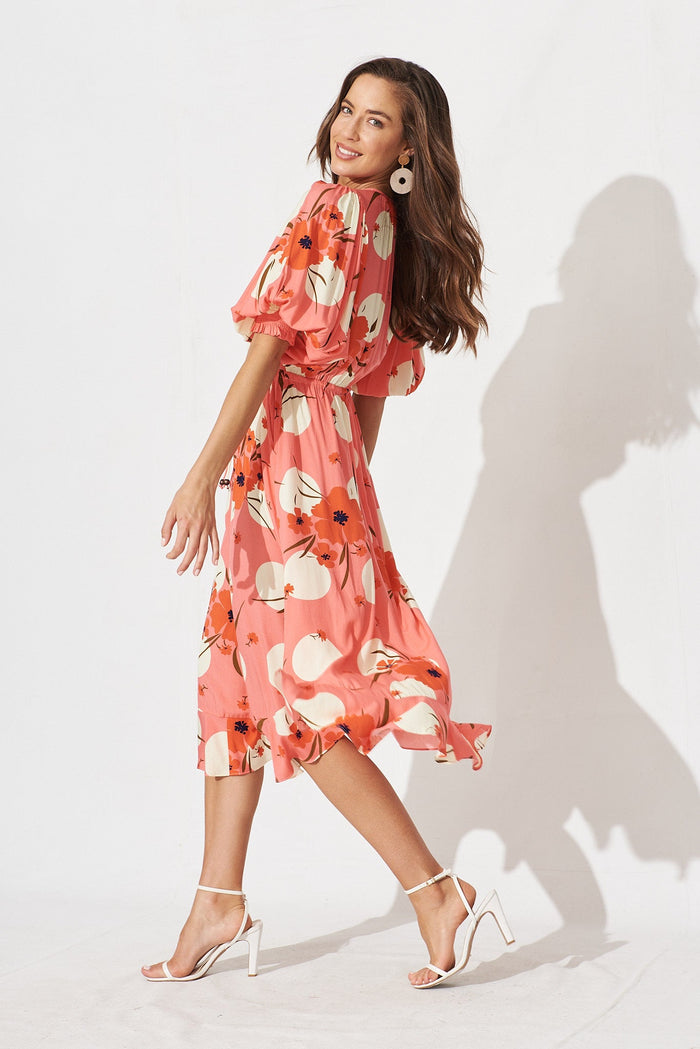 Banny Midi Dress In Coral With Cream Print - side