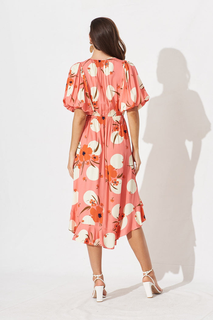 Banny Midi Dress In Coral With Cream Print - back