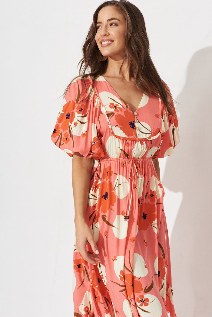 Banny Midi Dress In Coral With Cream Print - front