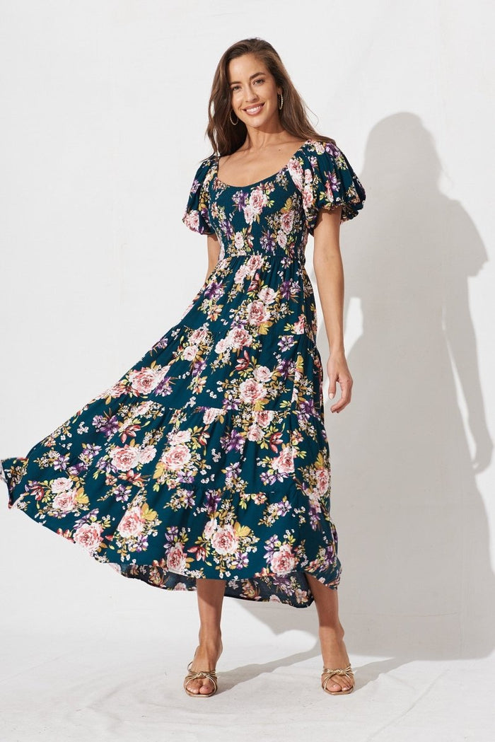 Cady Maxi Dress In Teal With Pink Floral - St Frock (Dev)