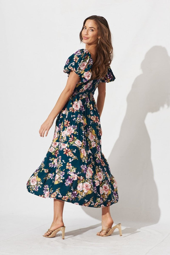 Cady Maxi Dress In Teal With Pink Floral - St Frock (Dev)