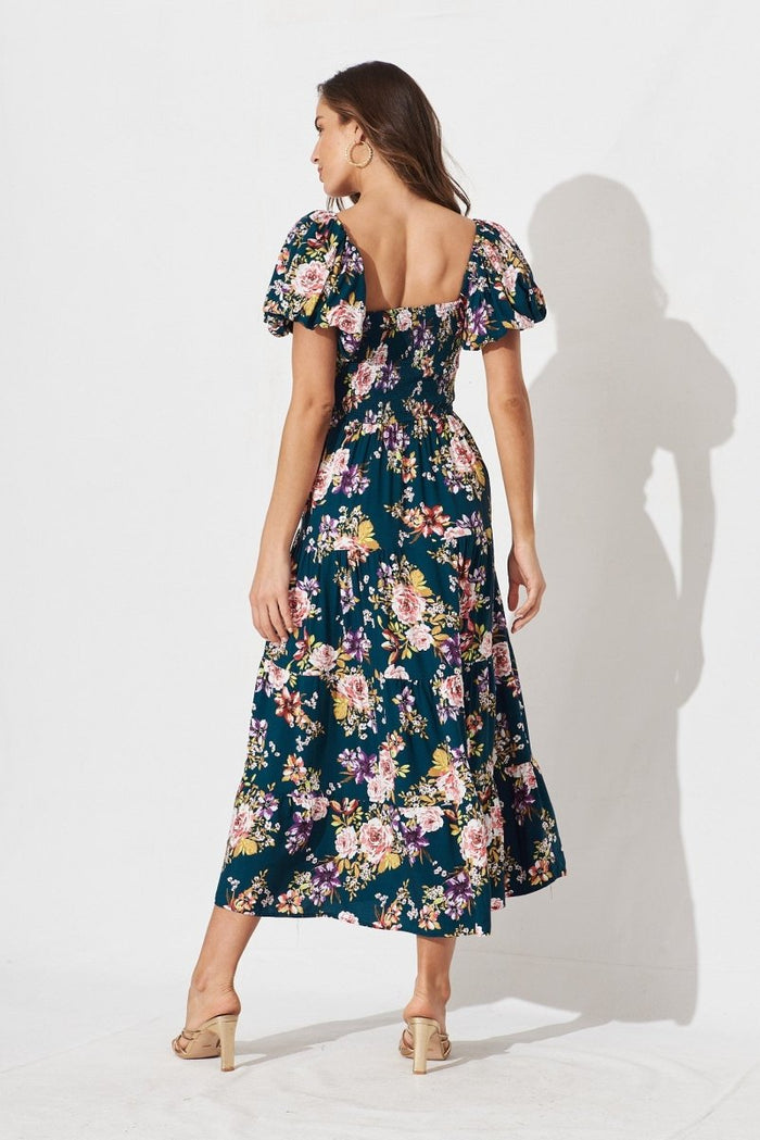 Cady Maxi Dress In Teal With Pink Floral - St Frock (Dev)