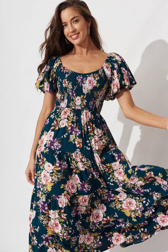 Cady Maxi Dress In Teal With Pink Floral - St Frock (Dev)