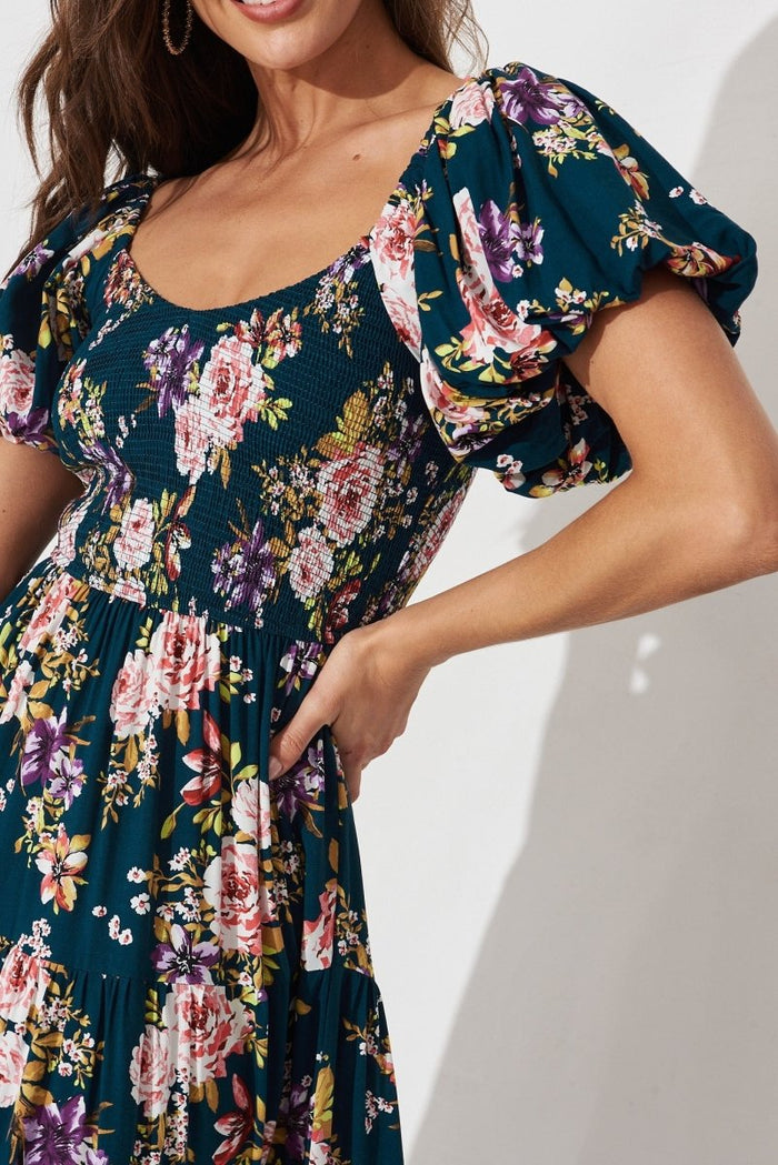 Cady Maxi Dress In Teal With Pink Floral - St Frock (Dev)