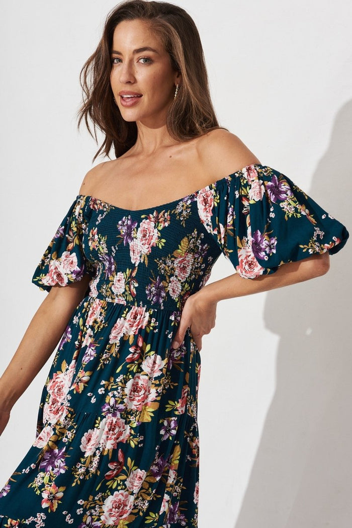 Cady Maxi Dress In Teal With Pink Floral - St Frock (Dev)