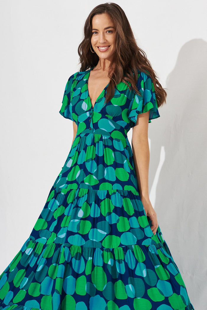 Sarina Maxi Dress In Navy With Blue Multi Print - front