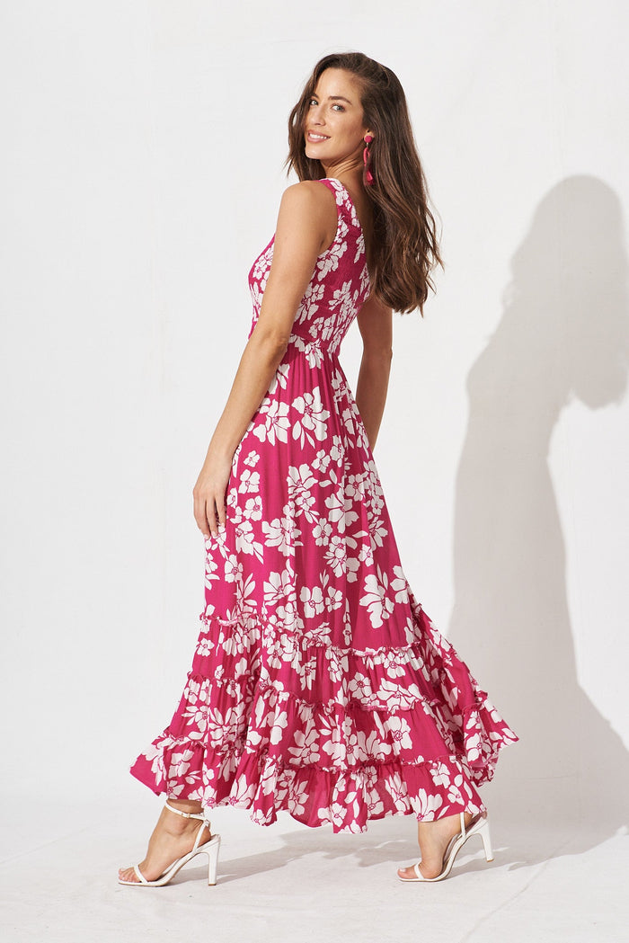 Ramsee Maxi Dress In Magenta With White Floral - side