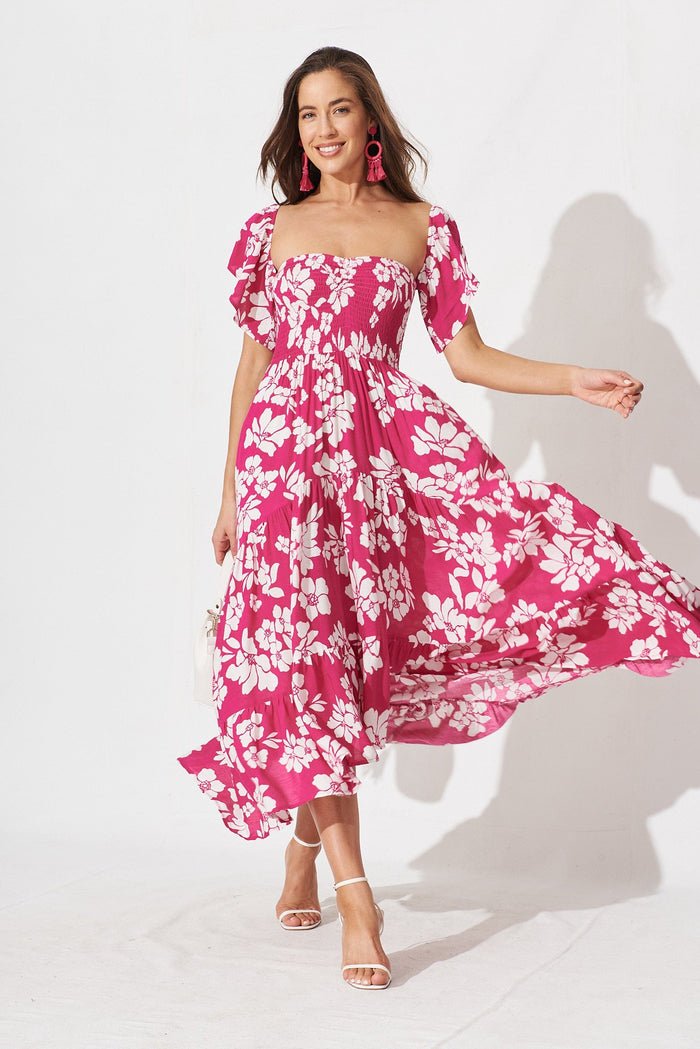 Hera Maxi Dress In Magenta With White Floral - full length