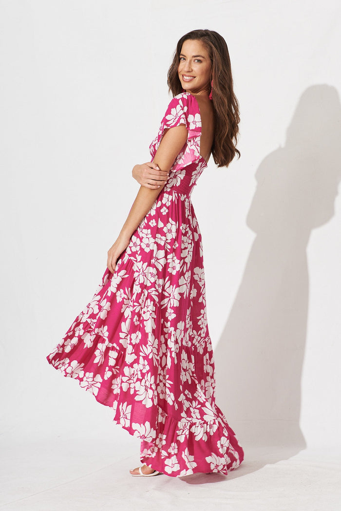 Hera Maxi Dress In Magenta With White Floral - side