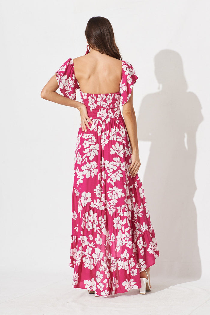 Hera Maxi Dress In Magenta With White Floral - back