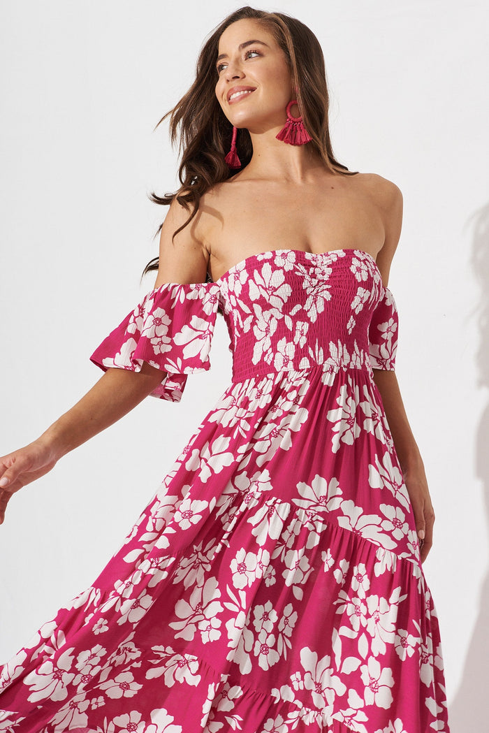 Hera Maxi Dress In Magenta With White Floral - front