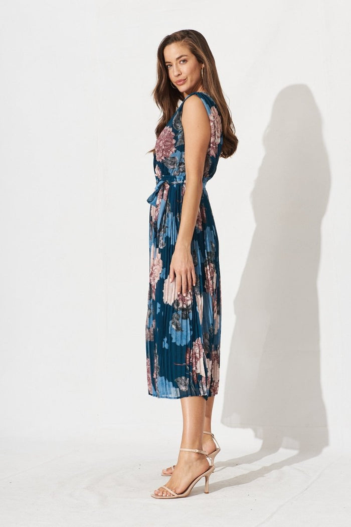 Cherla Midi Dress In Teal Floral Chiffon - St Frock (Dev)