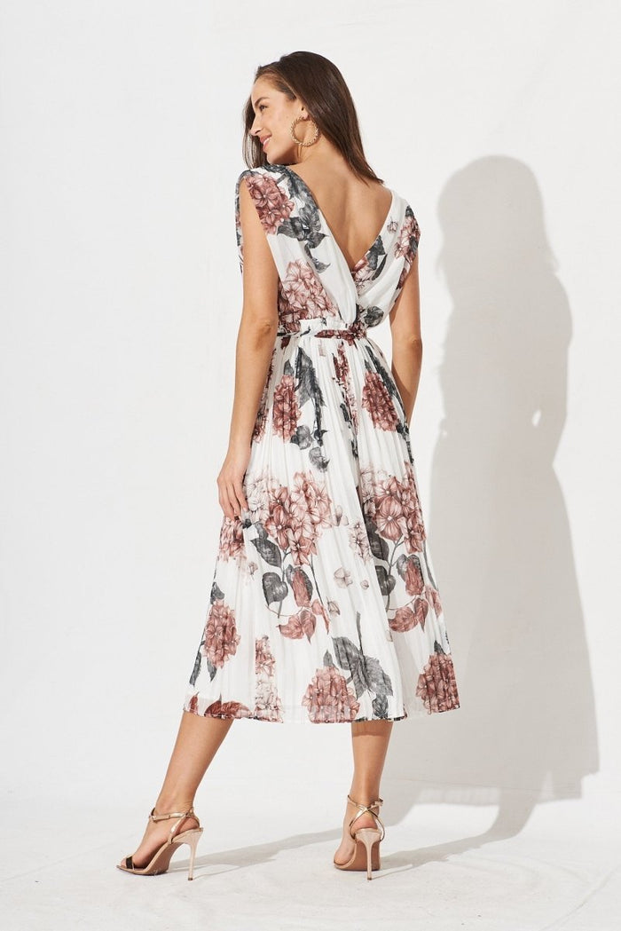 Cherla Midi Dress In White With Wine Floral Chiffon - St Frock (Dev)