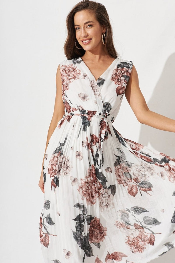 Cherla Midi Dress In White With Wine Floral Chiffon - St Frock (Dev)