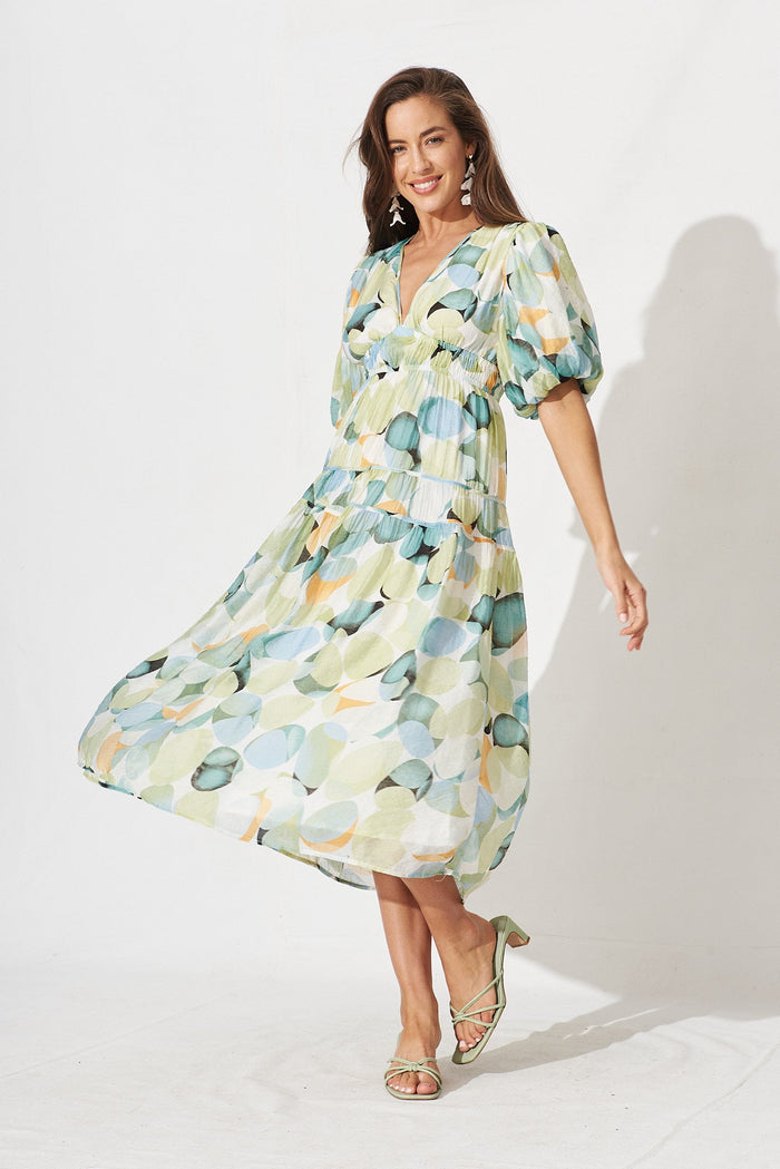 Amalie Midi Dress In Green And Blue Watercolour Print - full length