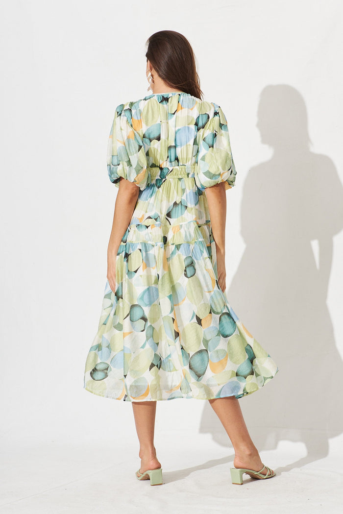 Amalie Midi Dress In Green And Blue Watercolour Print - back