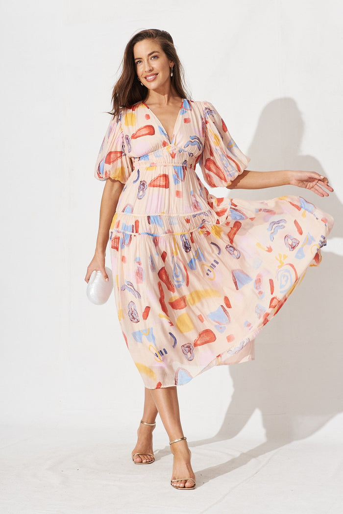 Amalie Midi Dress In Blush And Red Watercolour Print - St Frock (Dev)