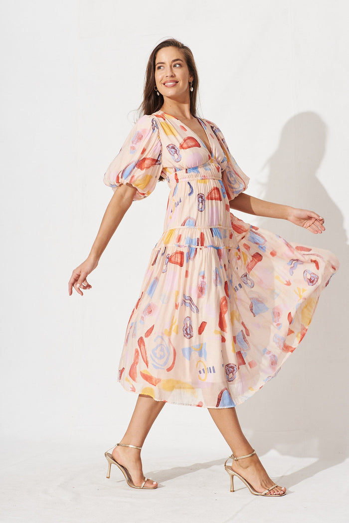Amalie Midi Dress In Blush And Red Watercolour Print - St Frock (Dev)