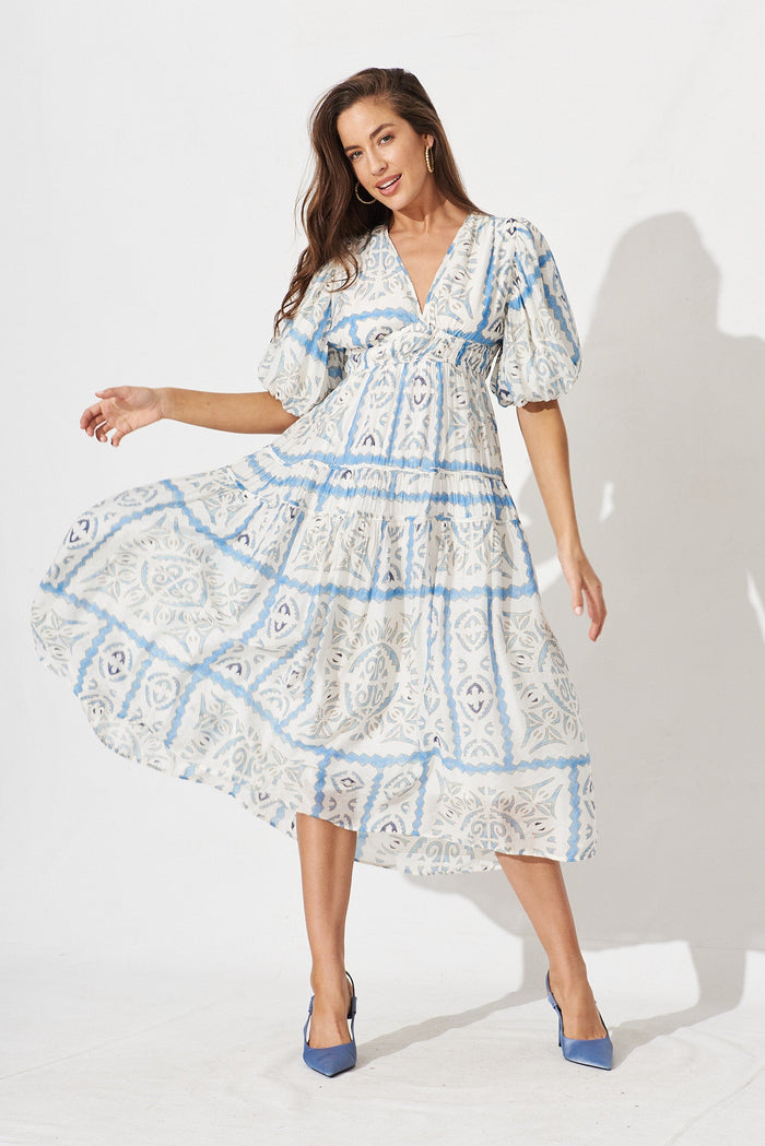 Amalie Midi Dress In White With Blue Tile Print - full length