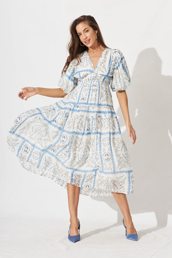 Amalie Midi Dress In White With Blue Tile Print - full length