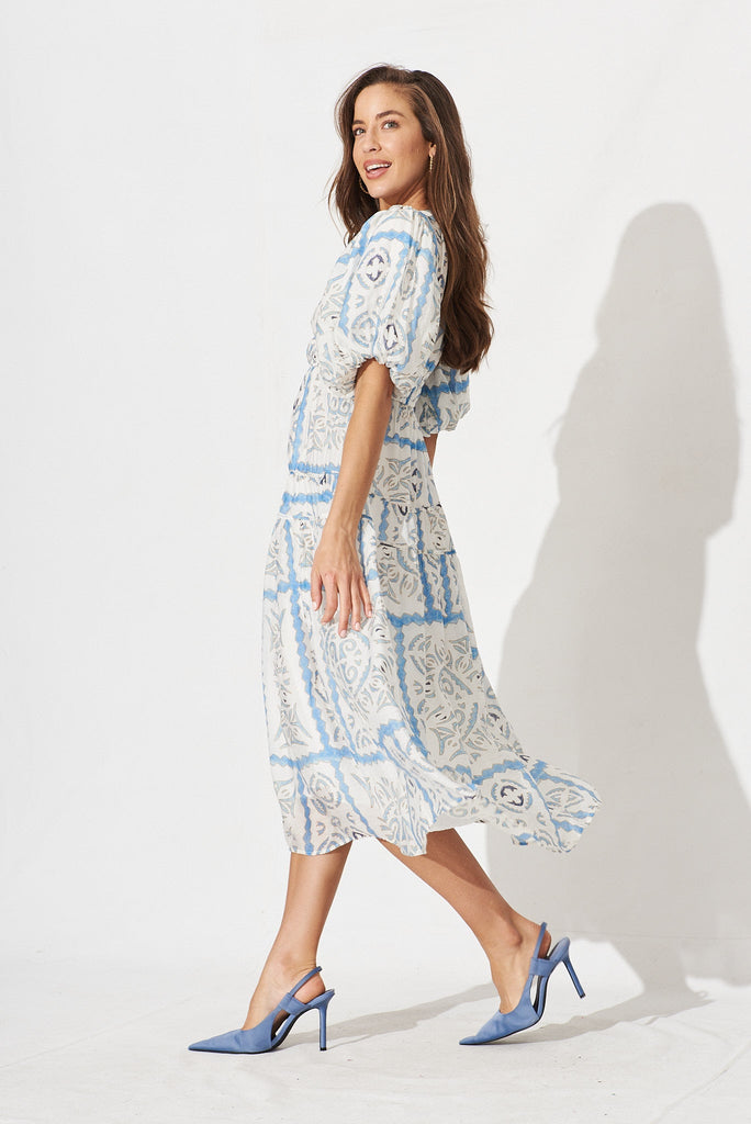 Amalie Midi Dress In White With Blue Tile Print - side