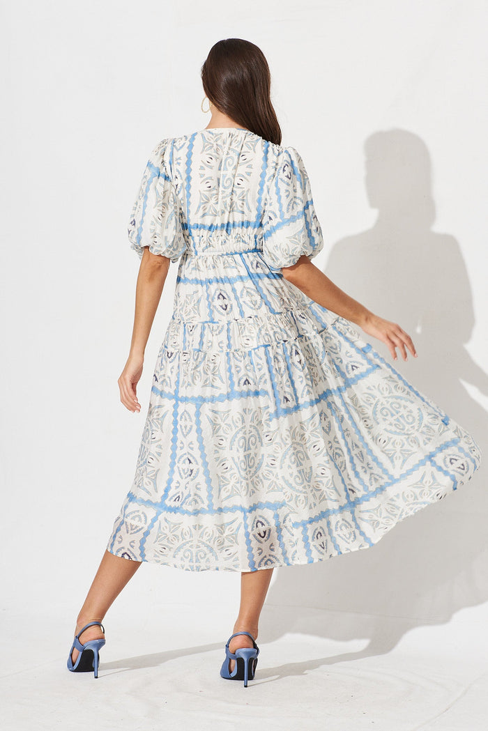 Amalie Midi Dress In White With Blue Tile Print - back