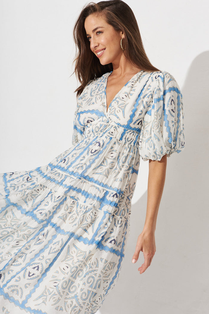 Amalie Midi Dress In White With Blue Tile Print - front