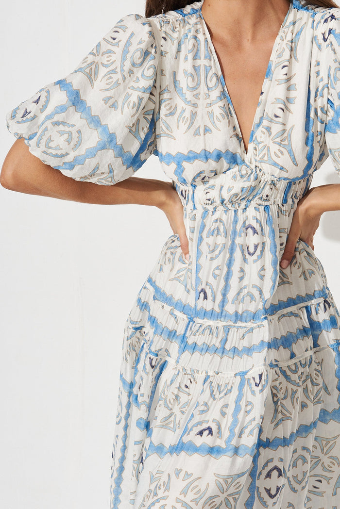 Amalie Midi Dress In White With Blue Tile Print - detail