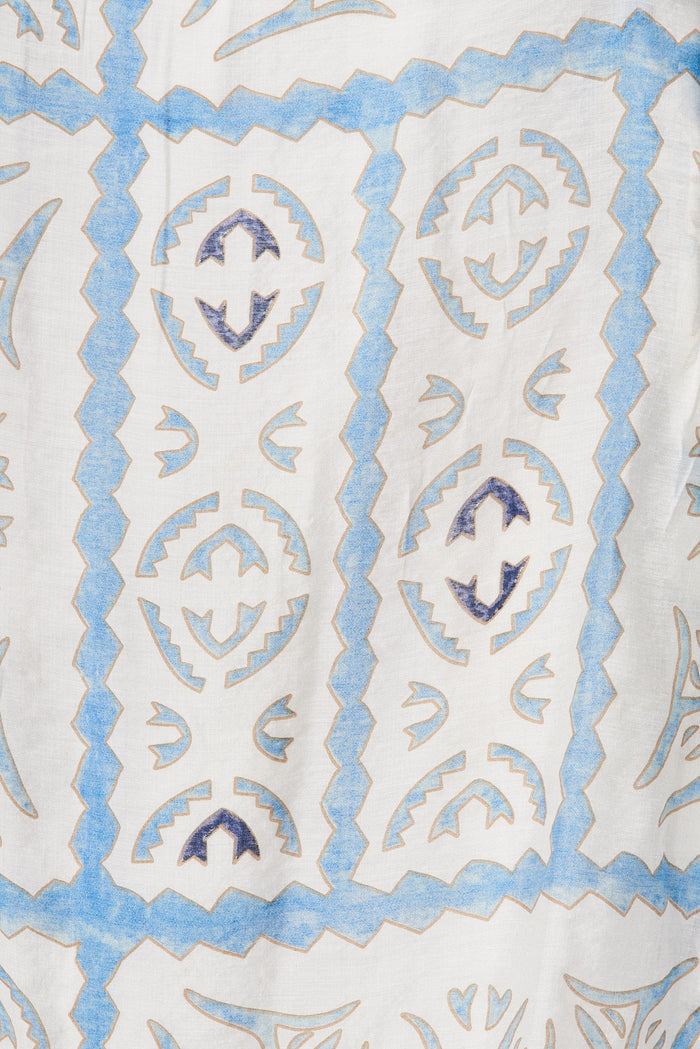 Amalie Midi Dress In White With Blue Tile Print - fabric