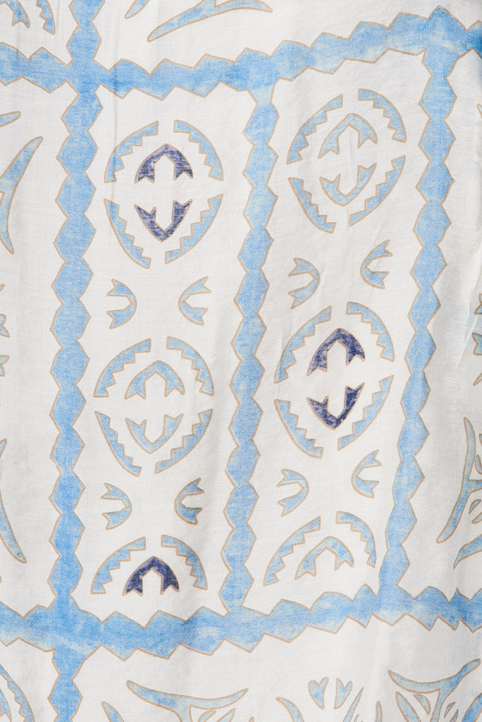 Amalie Midi Dress In White With Blue Tile Print - fabric