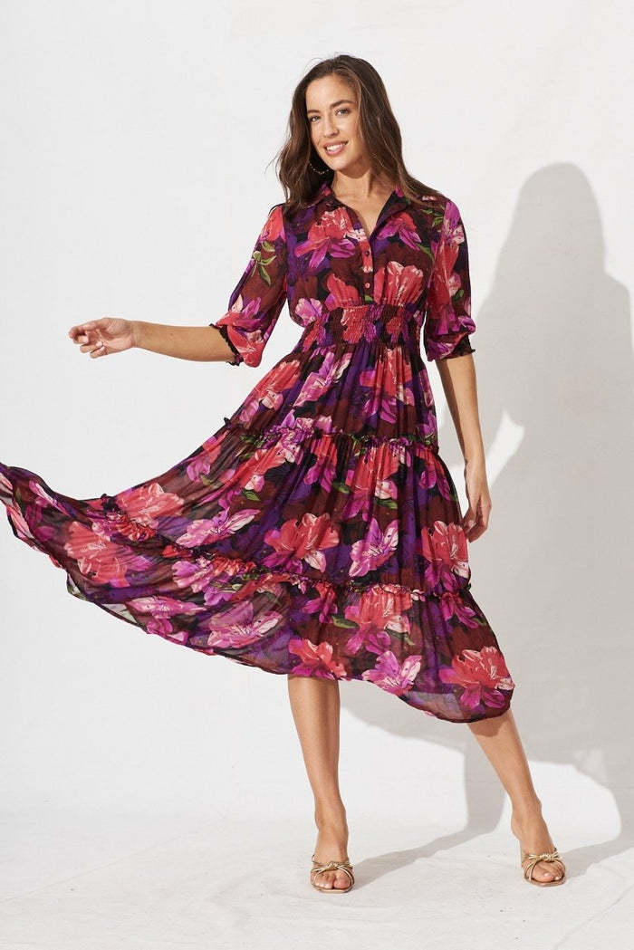 Brittney Maxi Dress In Black With Purple Floral Chiffon - St Frock (Dev)