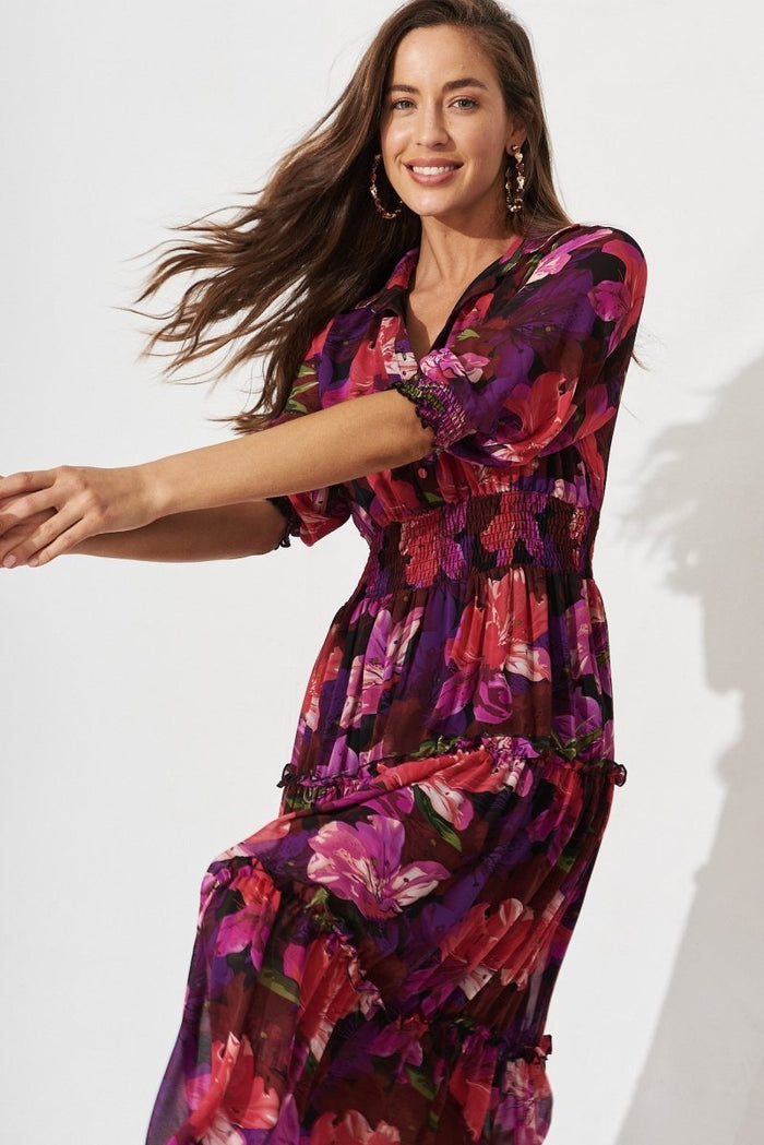 Brittney Maxi Dress In Black With Purple Floral Chiffon - St Frock (Dev)
